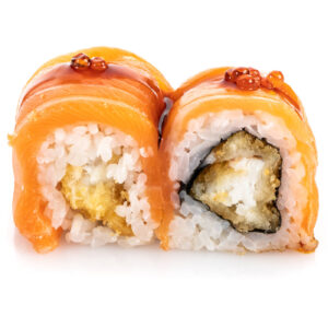 Uramaki di gamberoni in tempura avvolti con salmone crudo e ikura.